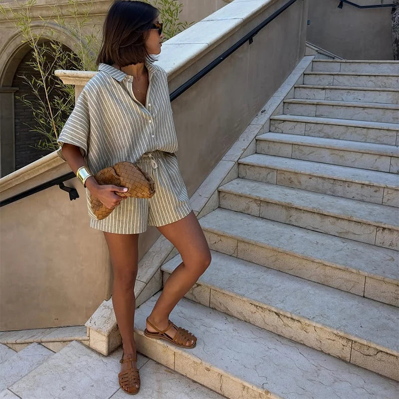 Women Casual Striped Lace Up Set