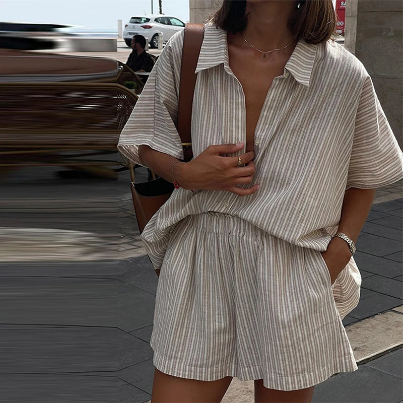 Women Casual Striped Lace Up Set